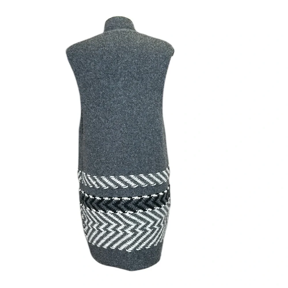 White + Warren Soft Alpaca Jacquard Vest Charcoal Multi Longline Open Front‎ L